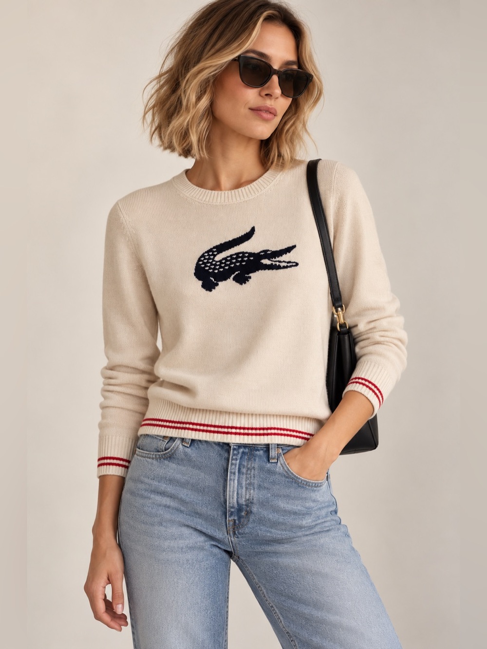 Lacoste Women Cream Crocodile Logo Cotton Sweater 40 Preppy Sporty Country Club